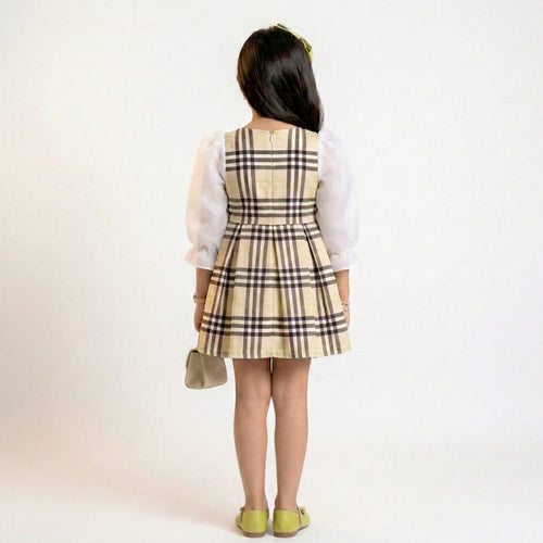 Big Girls Heritage Tartan Statement Dress – Elegant Satin Bow & Sheer Sleeves