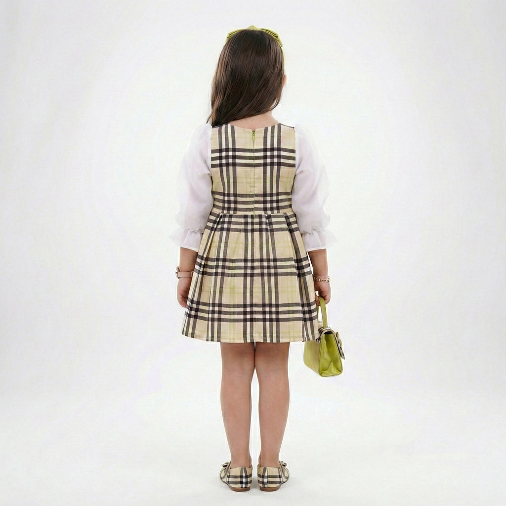 Girls Classic Plaid Occasion Dress – Sophisticated Organza Sleeve Detail
