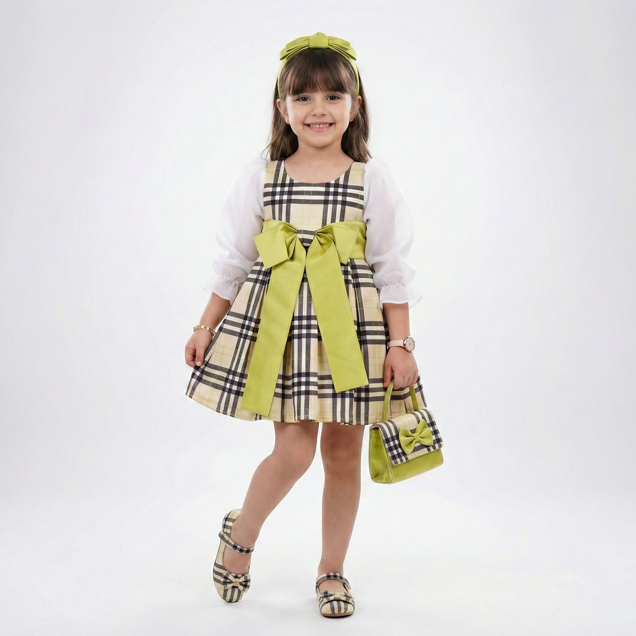Girls Classic Plaid Occasion Dress – Sophisticated Organza Sleeve Detail