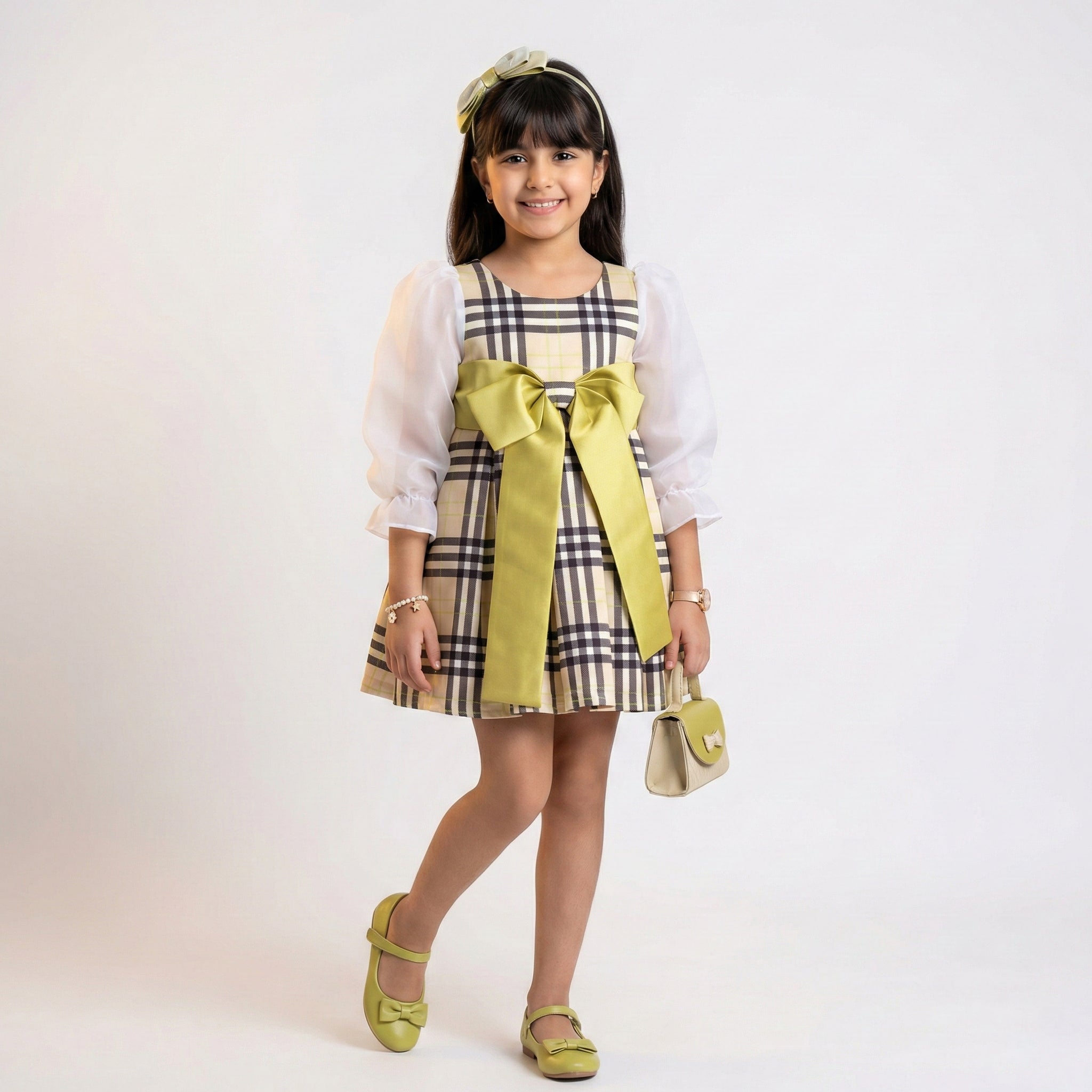 Big Girls Heritage Tartan Statement Dress – Elegant Satin Bow & Sheer Sleeves