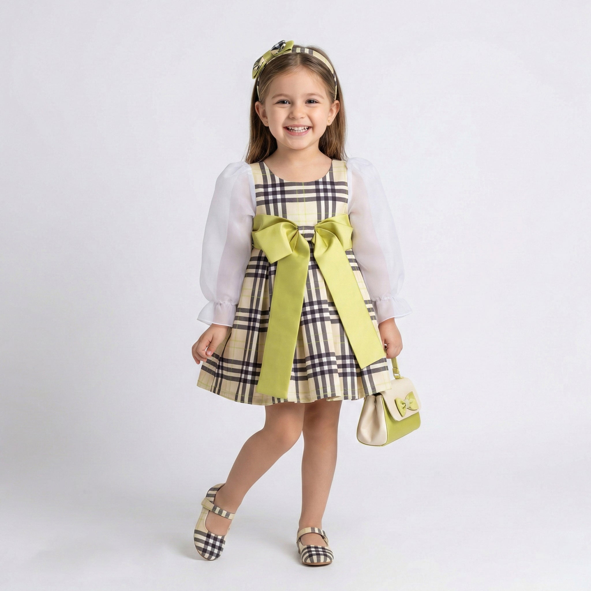 Toddler Girls Heritage Tartan Dress – Sheer Organza Sleeves & Satin Bow
