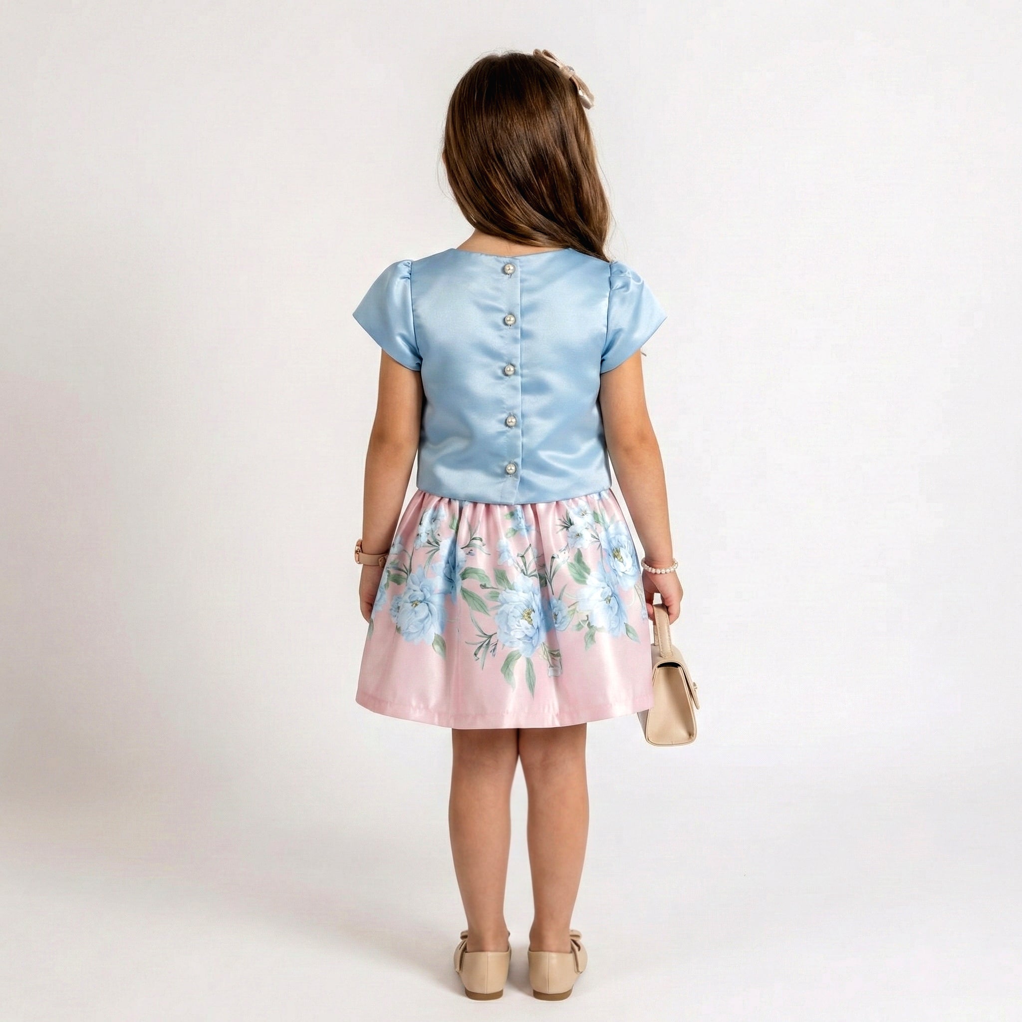 Girls Elegant Satin & Floral Print Ensemble – Sophisticated 2-Piece Party Set