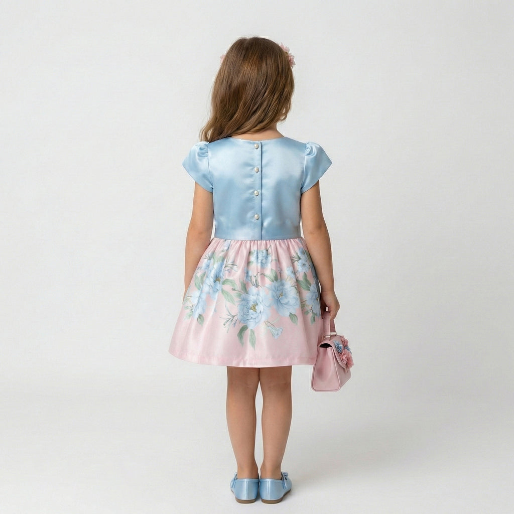 Toddler Girls Pastel Satin Top & Floral Skirt Set – 2-Piece Special Occasion Outfit