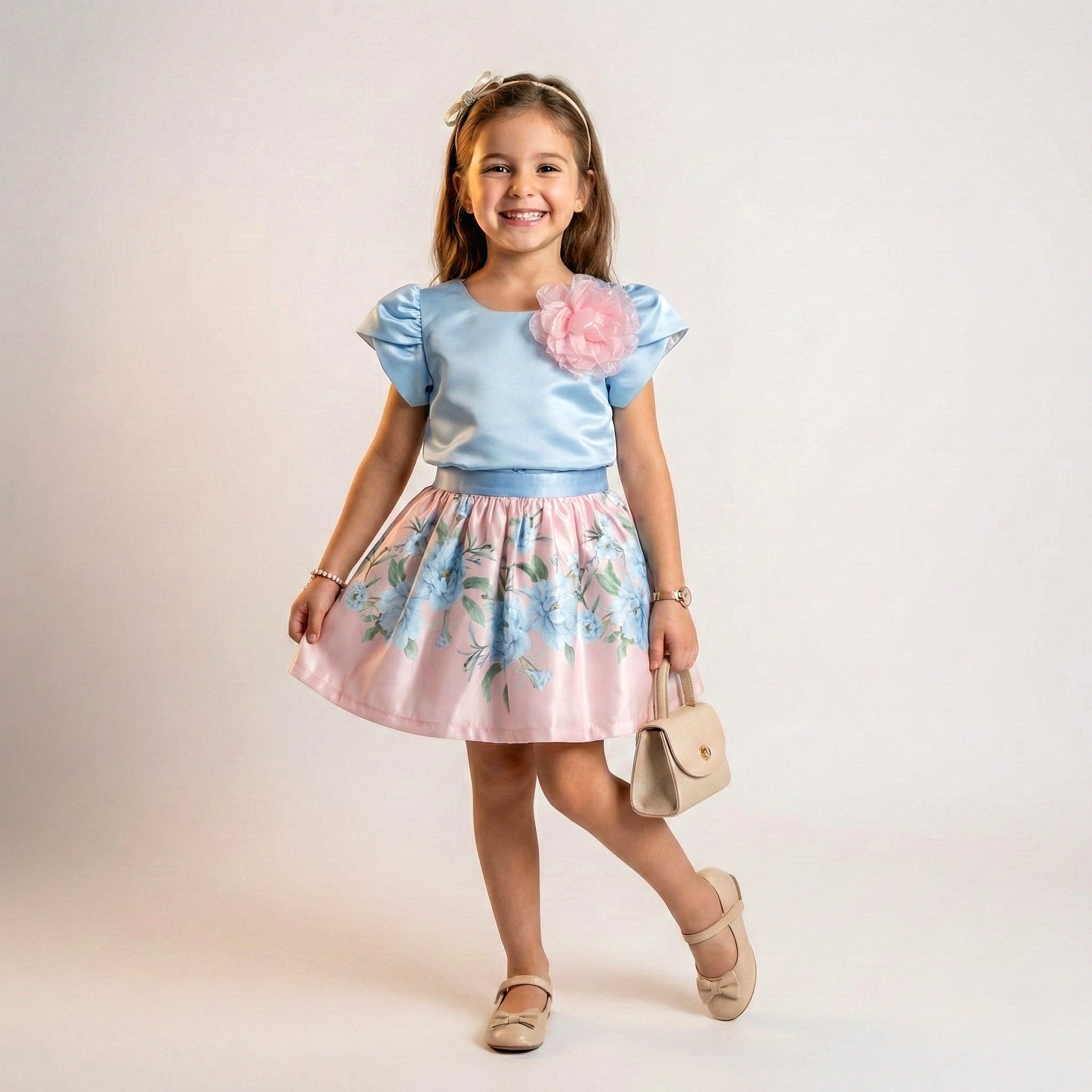 Girls Elegant Satin & Floral Print Ensemble – Sophisticated 2-Piece Party Set