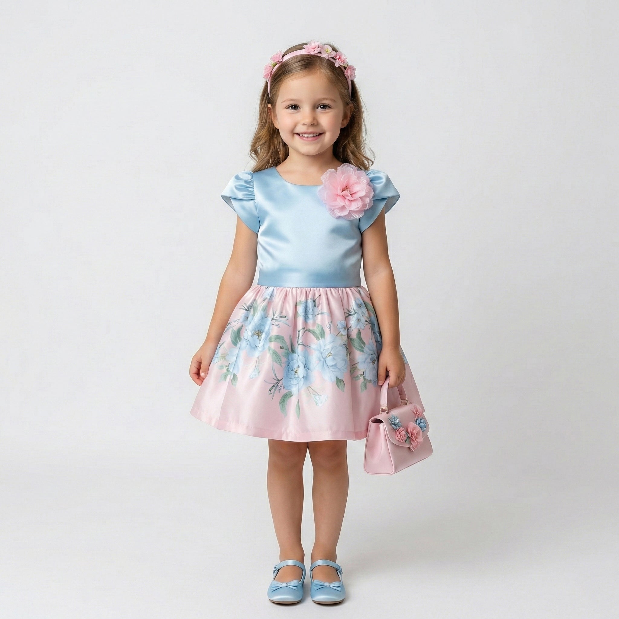 Toddler Girls Pastel Satin Top & Floral Skirt Set – 2-Piece Special Occasion Outfit