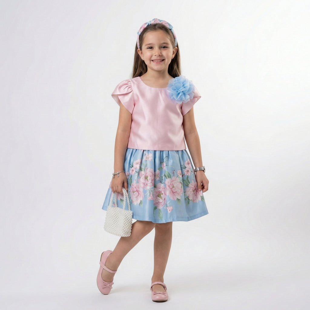 Girls Elegant Satin & Floral Print Ensemble – Sophisticated 2-Piece Party Set