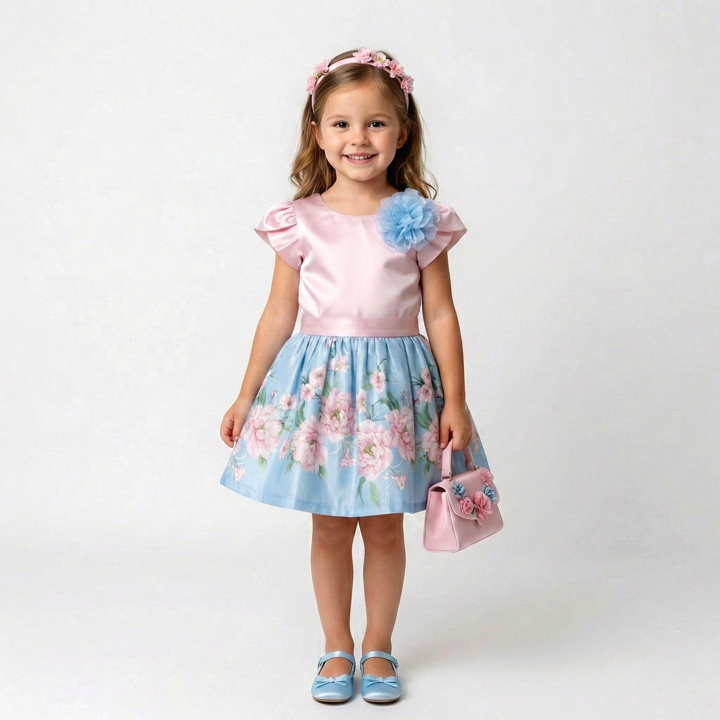 Toddler Girls Pastel Satin Top & Floral Skirt Set – 2-Piece Special Occasion Outfit