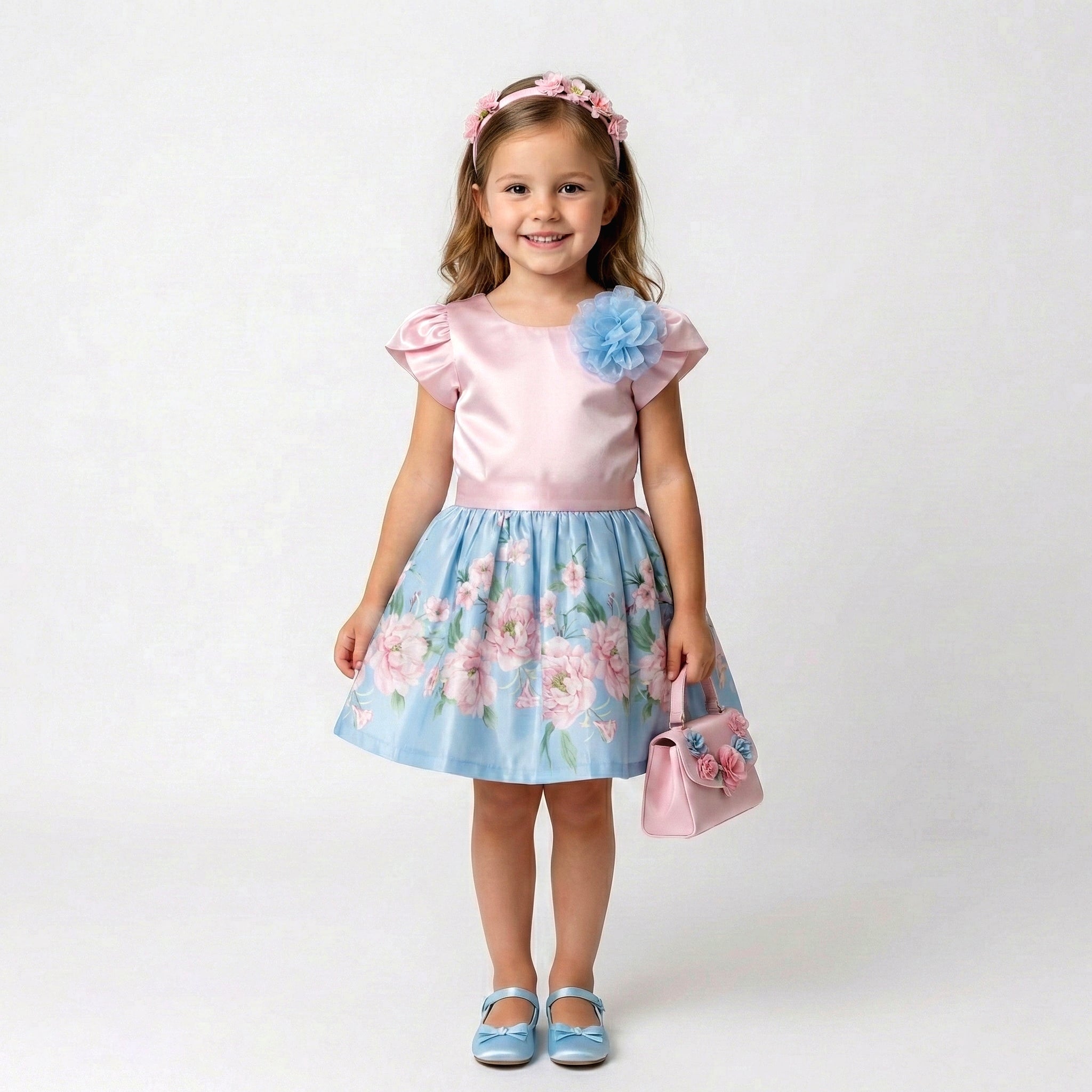 Toddler Girls Pastel Satin Top & Floral Skirt Set – 2-Piece Special Occasion Outfit