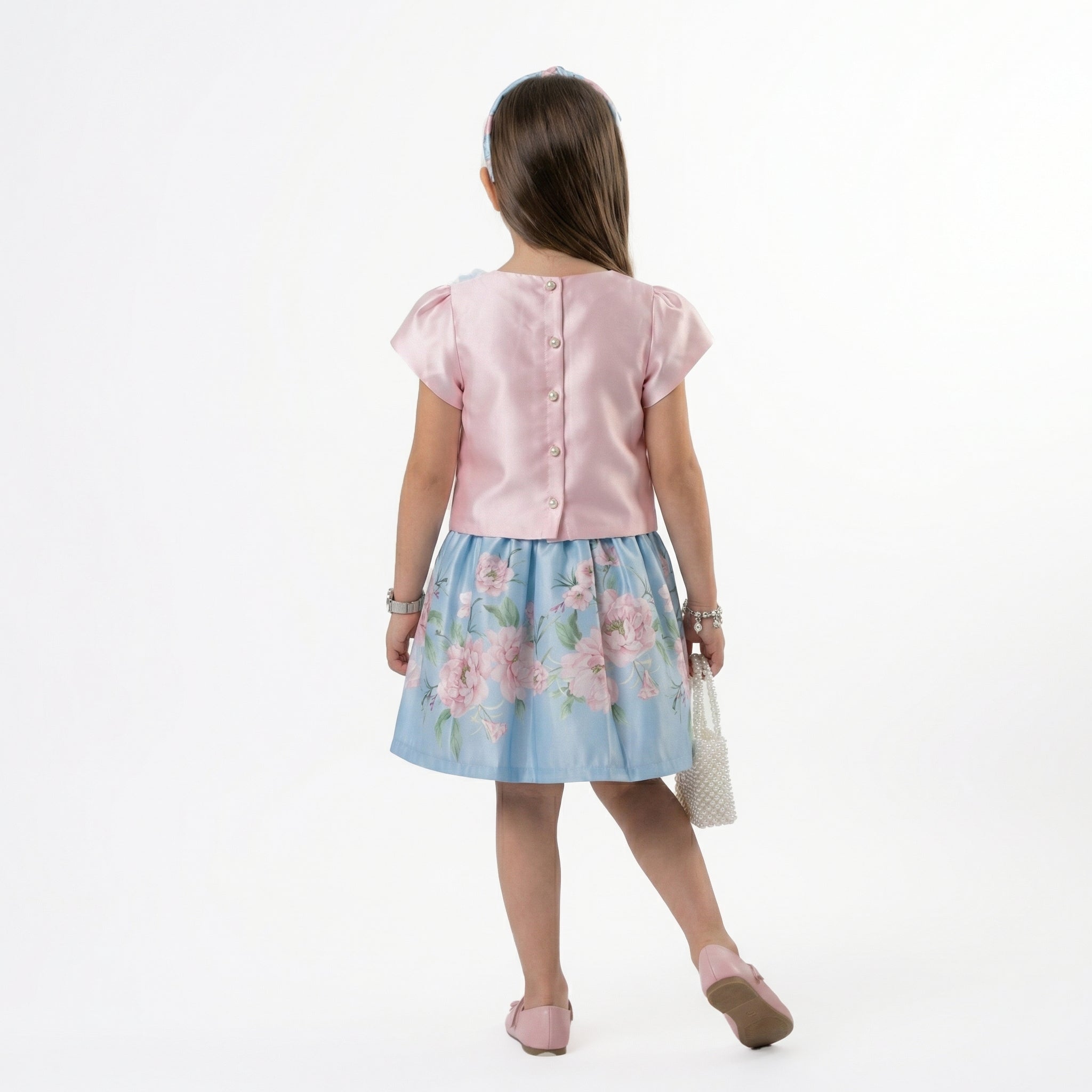 Girls Elegant Satin & Floral Print Ensemble – Sophisticated 2-Piece Party Set
