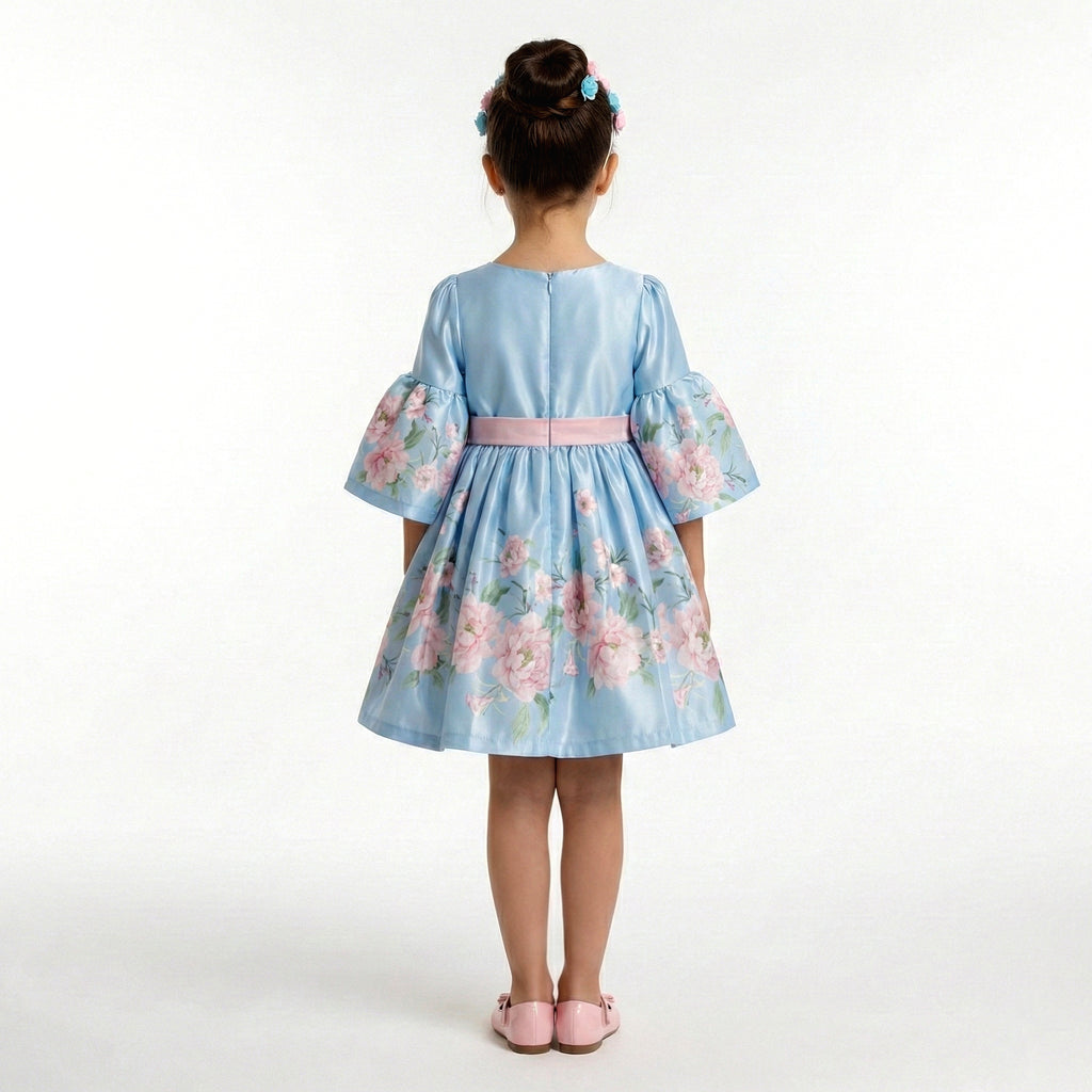Big Girls Floral Bell-Sleeve Satin Dress – Premium Special Occasion Ensemble