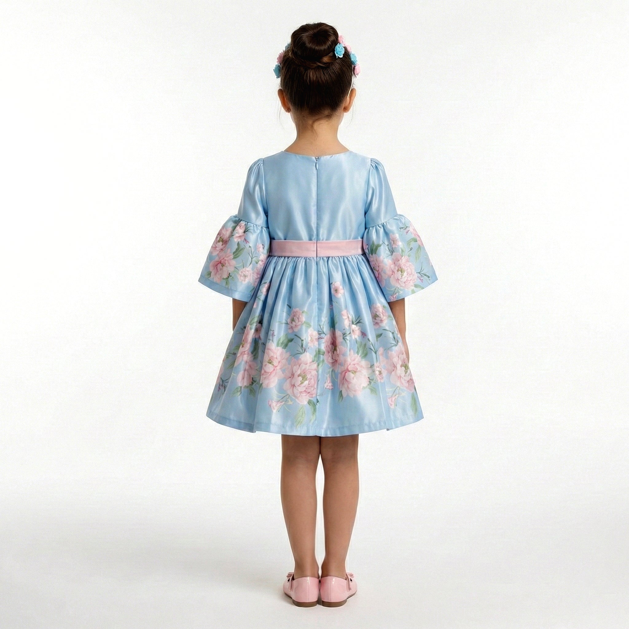 Big Girls Floral Bell-Sleeve Satin Dress – Premium Special Occasion Ensemble