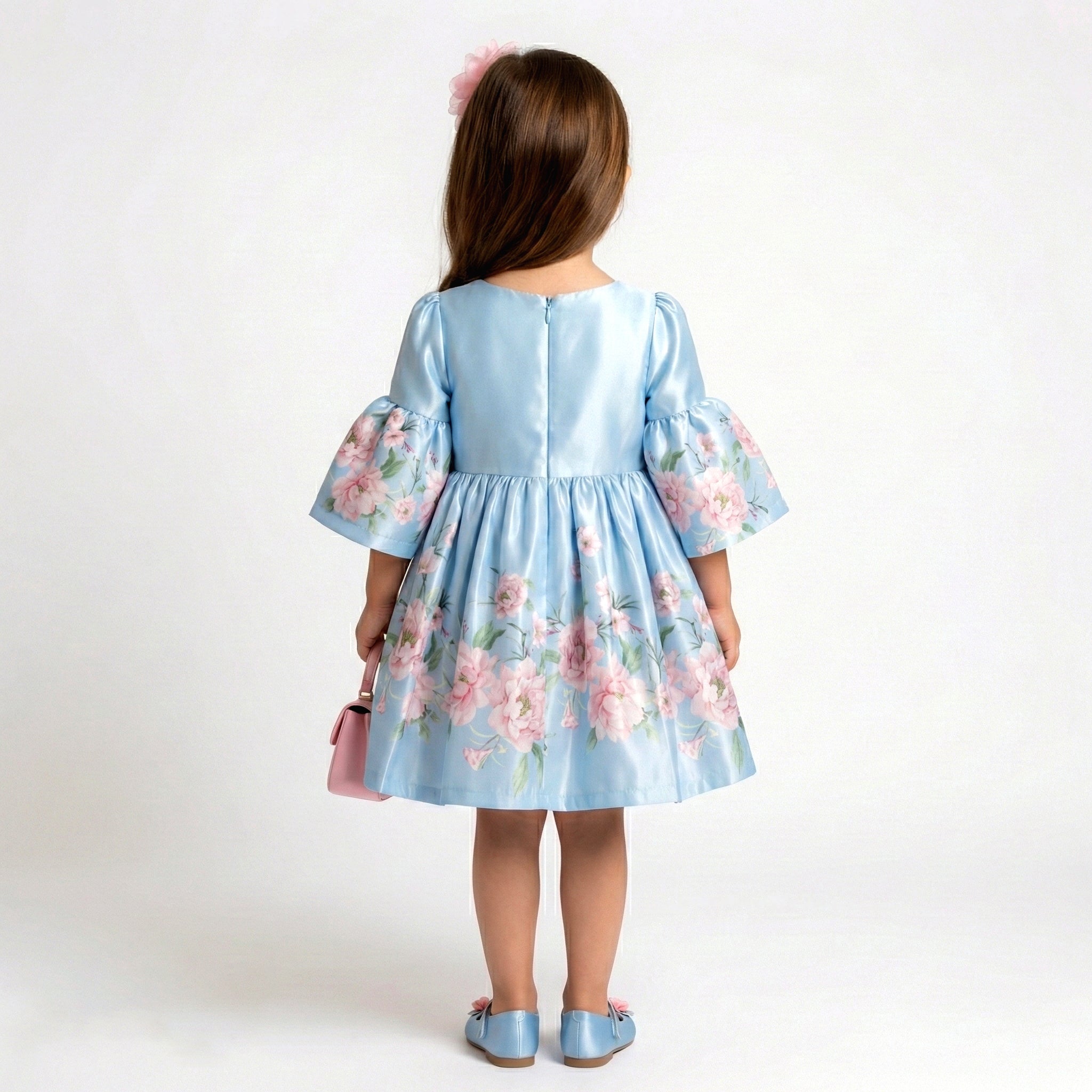 Toddler Girls Floral Satin Dress – Elegant Bell Sleeves & Corsage