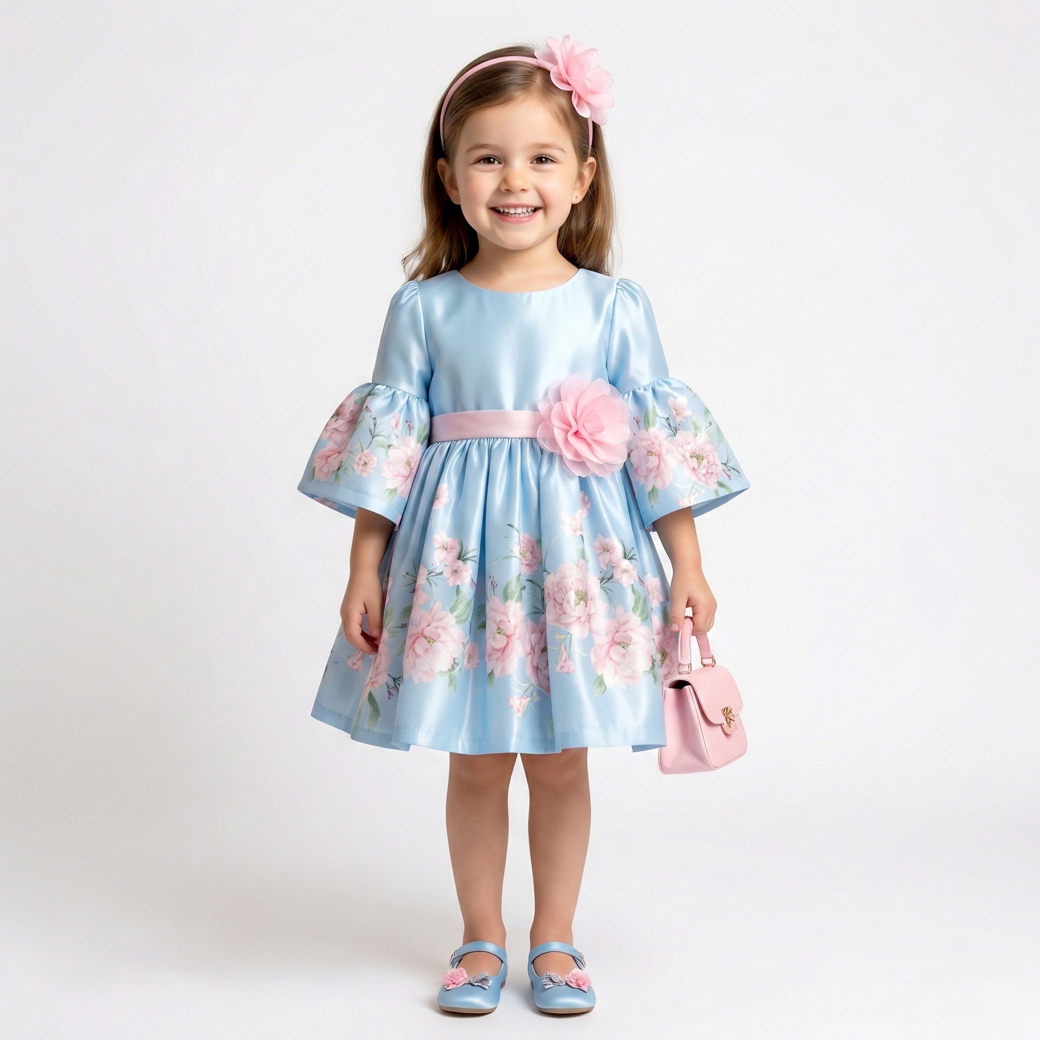 Toddler Girls Floral Satin Dress – Elegant Bell Sleeves & Corsage