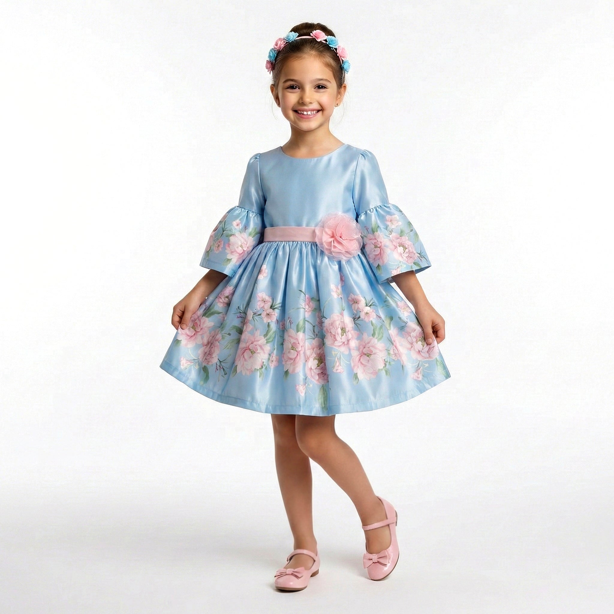 Big Girls Floral Bell-Sleeve Satin Dress – Premium Special Occasion Ensemble