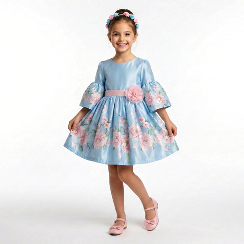 Big Girls Floral Bell-Sleeve Satin Dress – Premium Special Occasion Ensemble