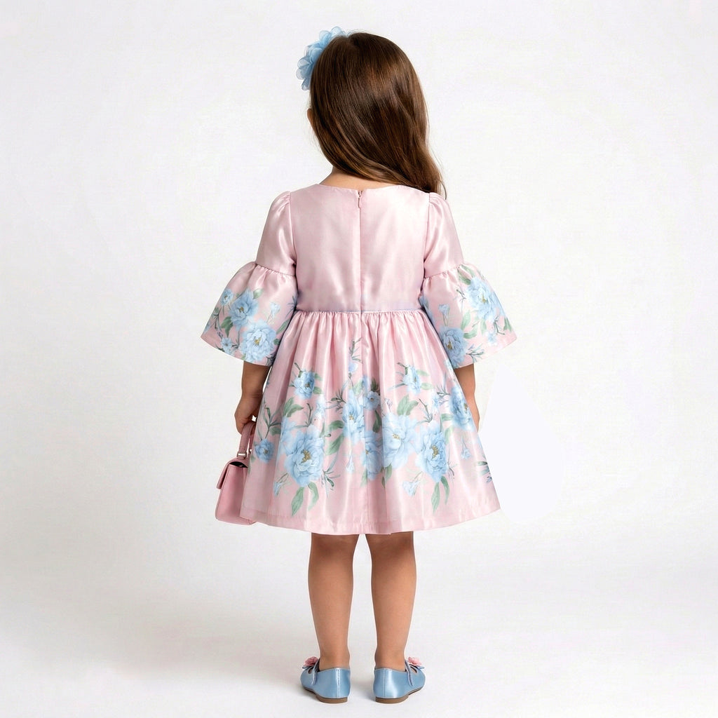 Toddler Girls Floral Satin Dress – Elegant Bell Sleeves & Corsage