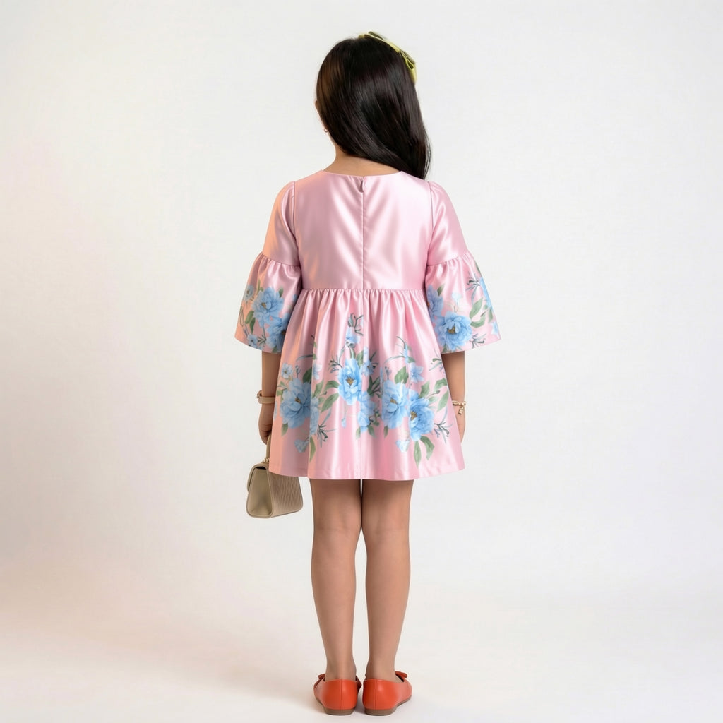 Big Girls Floral Bell-Sleeve Satin Dress – Premium Special Occasion Ensemble