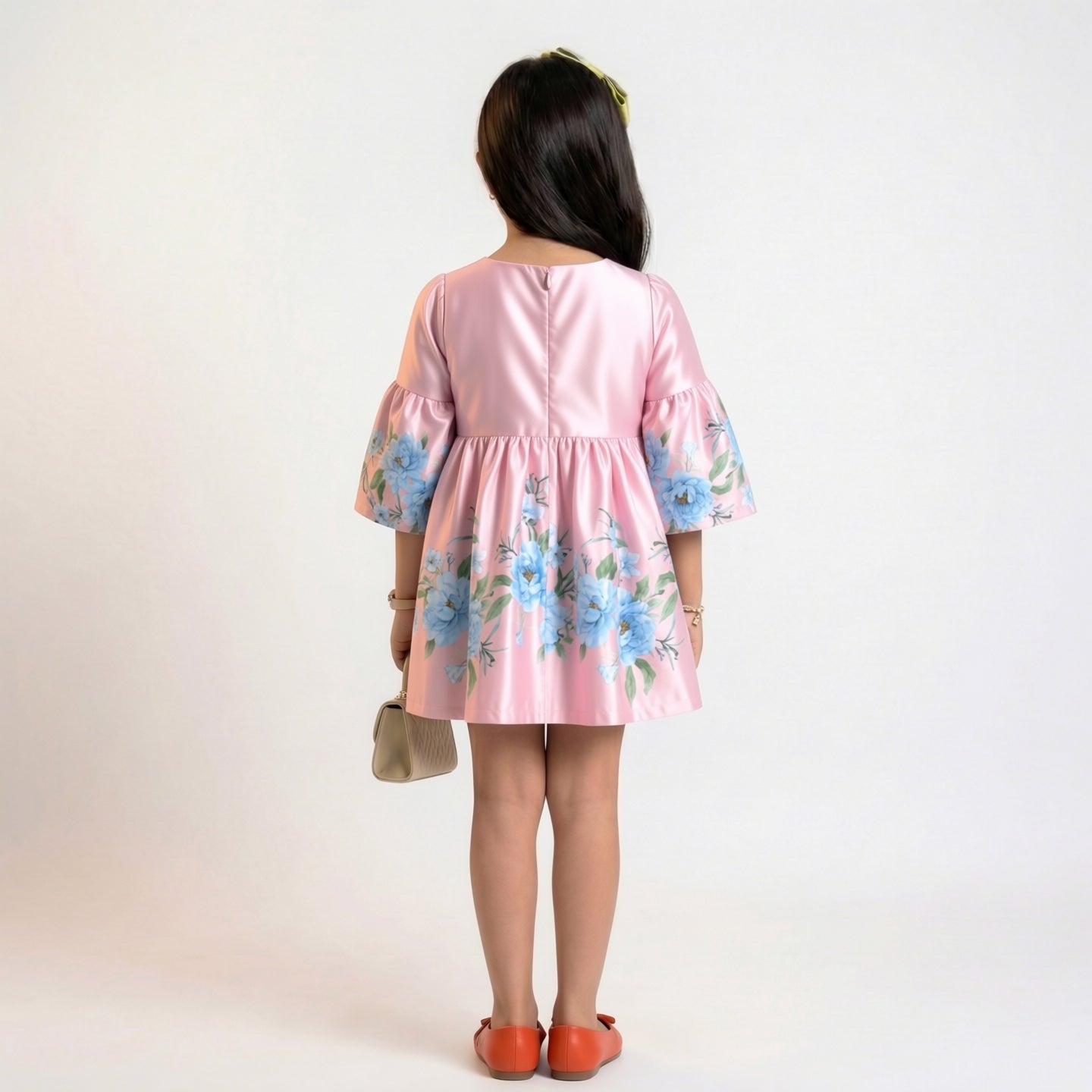 Big Girls Floral Bell-Sleeve Satin Dress – Premium Special Occasion Ensemble