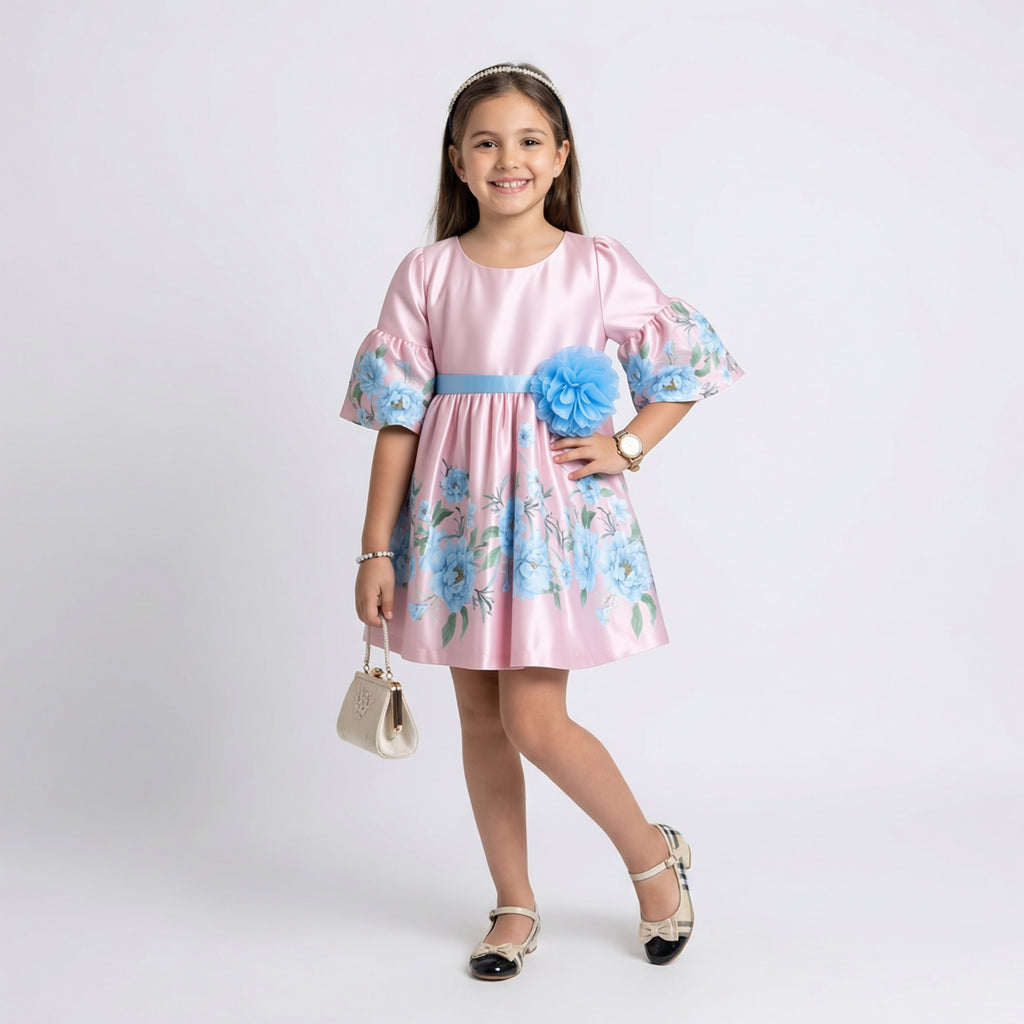 Big Girls Floral Bell-Sleeve Satin Dress – Premium Special Occasion Ensemble