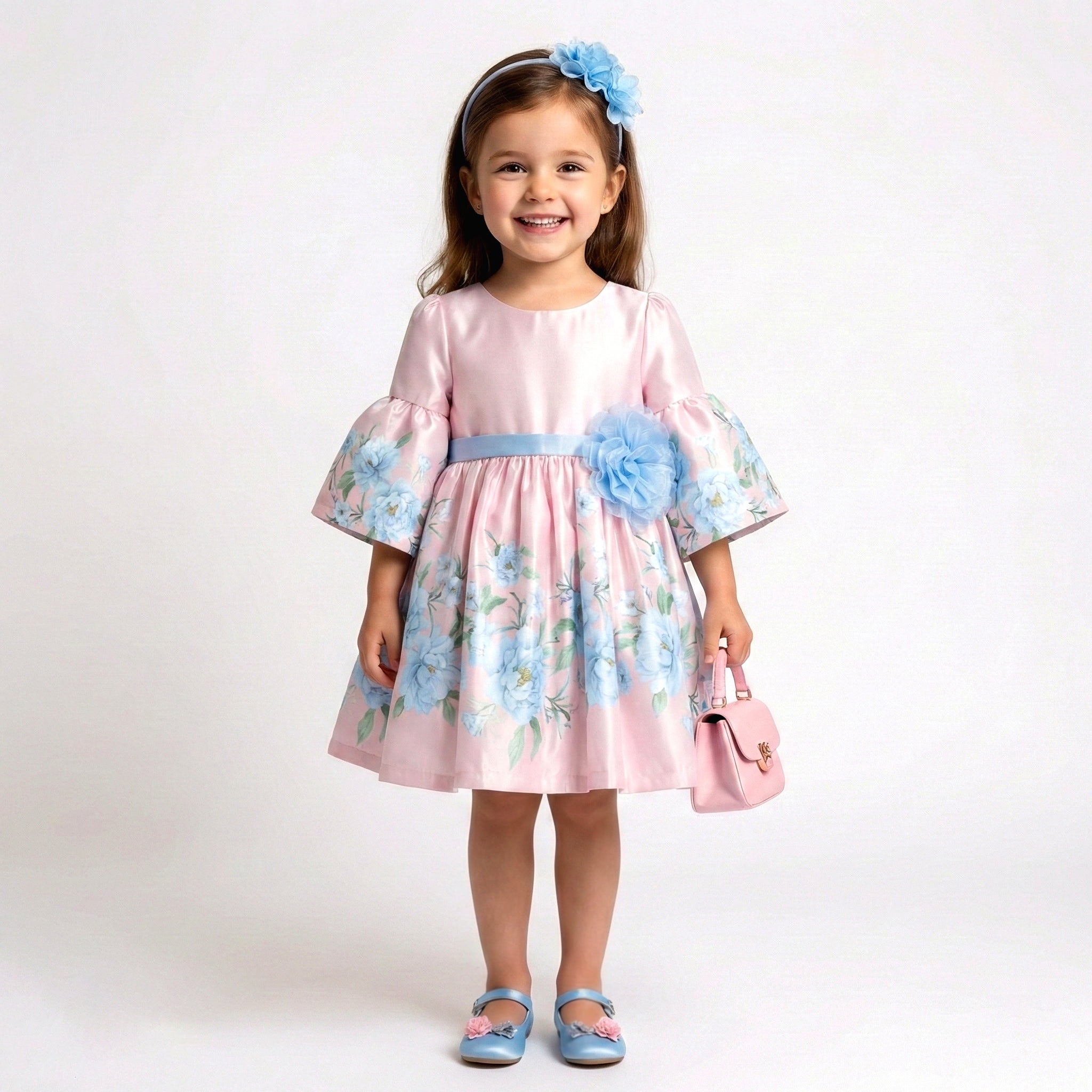 Toddler Girls Floral Satin Dress – Elegant Bell Sleeves & Corsage