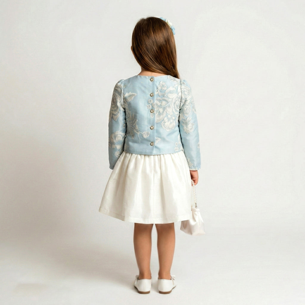 Toddler Girls Floral Jacquard Top & Satin Skirt Set – 2-Piece Formal Outfit
