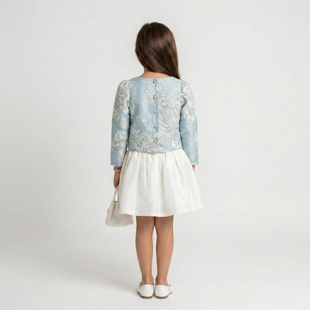 Girls Floral Brocade & Pleated Satin Ensemble – Elegant Occasion Set