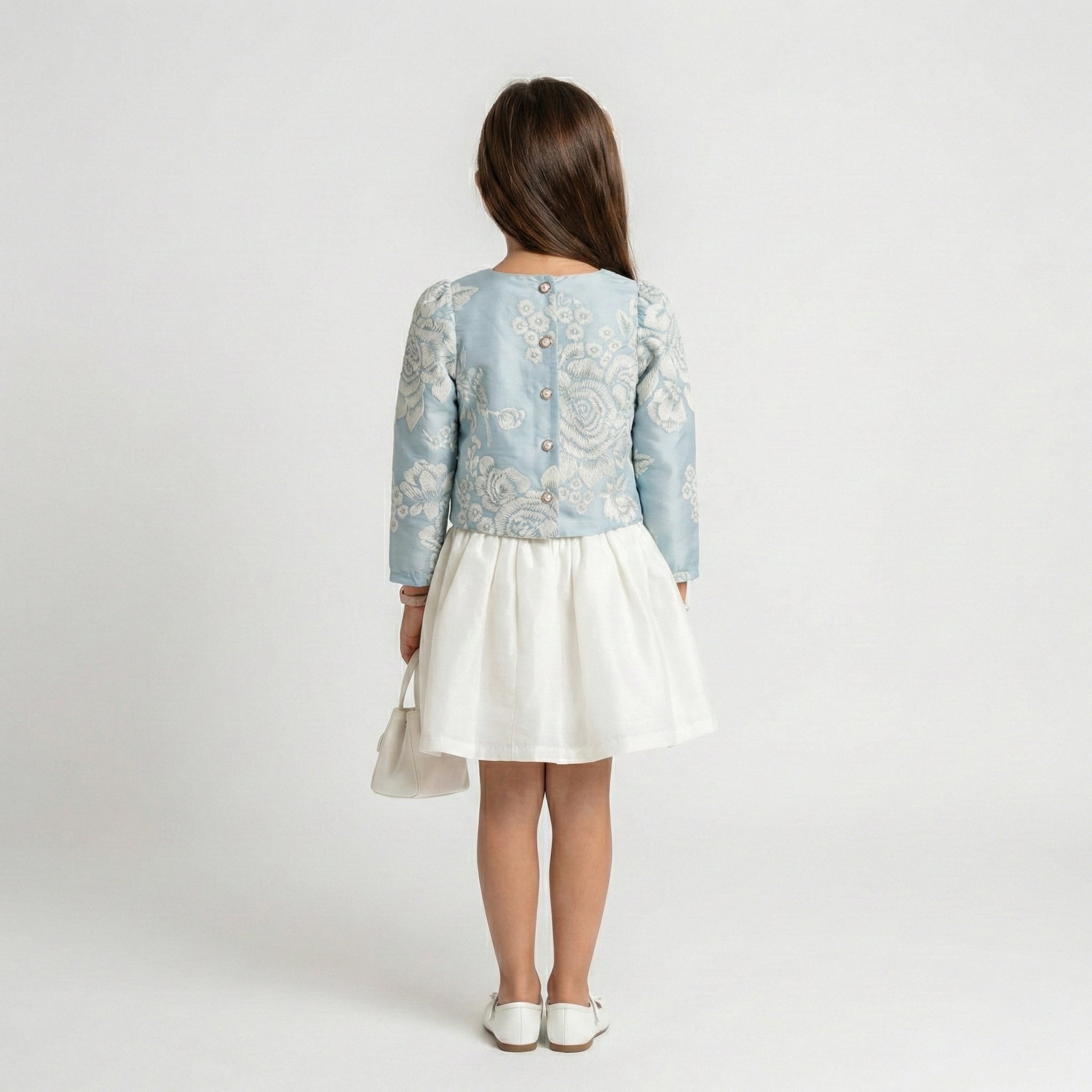 Girls Floral Brocade & Pleated Satin Ensemble – Elegant Occasion Set