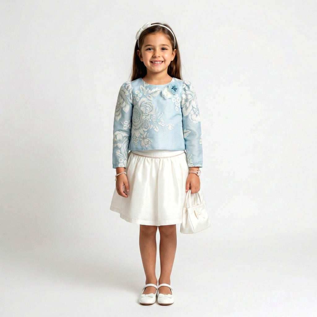 Girls Floral Brocade & Pleated Satin Ensemble – Elegant Occasion Set