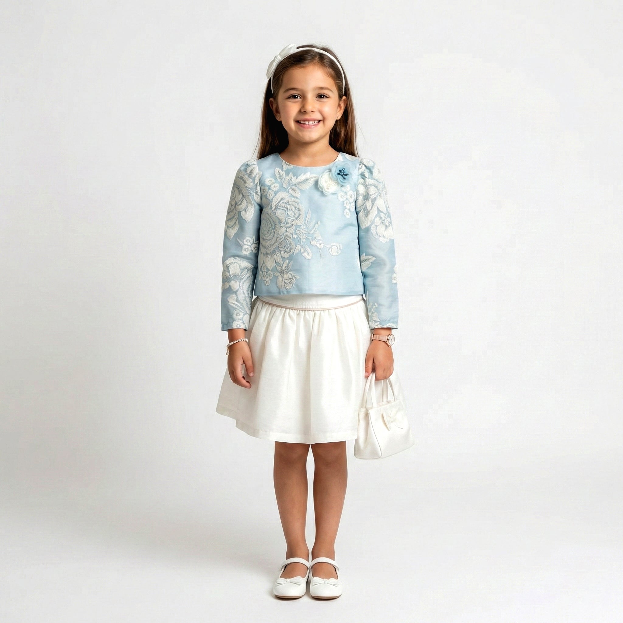 Girls Floral Brocade & Pleated Satin Ensemble – Elegant Occasion Set