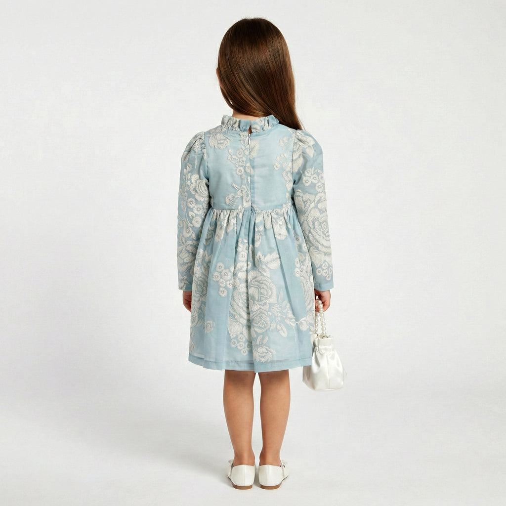 Toddler Girls Floral Jacquard Long Sleeve Dress – Classic Ruffle Neck