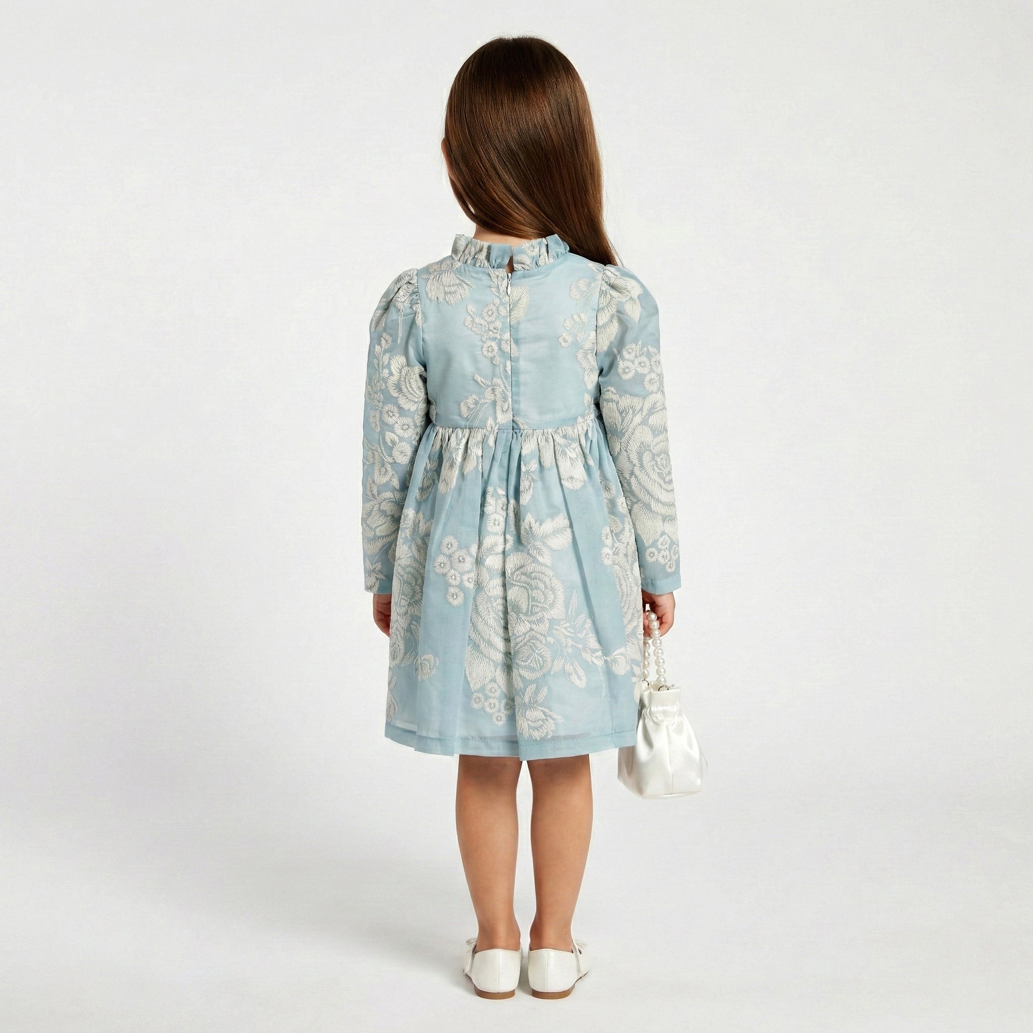 Toddler Girls Floral Jacquard Long Sleeve Dress – Classic Ruffle Neck