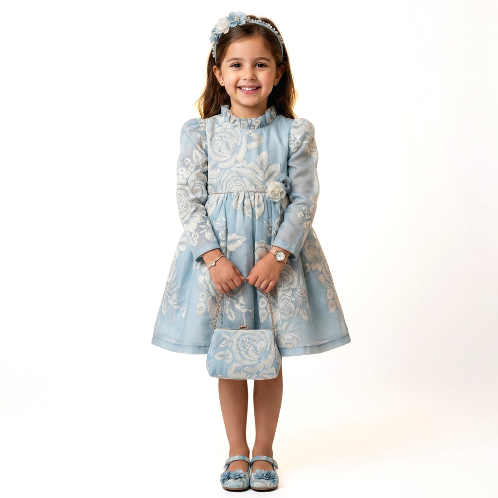 Girls Elegant Textured Floral Party Dress – Formal Jacquard Silhouette