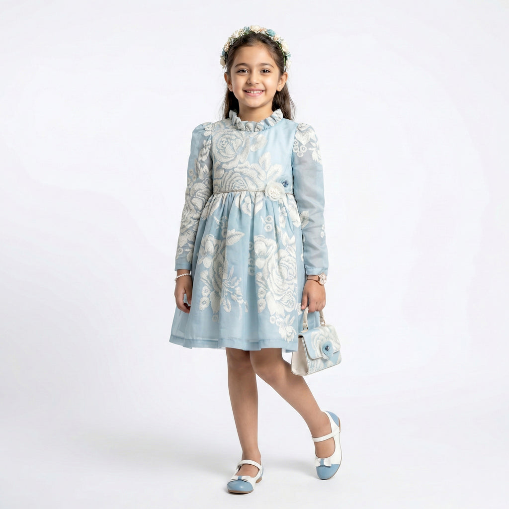 Big Girls Floral Embroidered Jacquard Dress – Sophisticated Occasion Wear