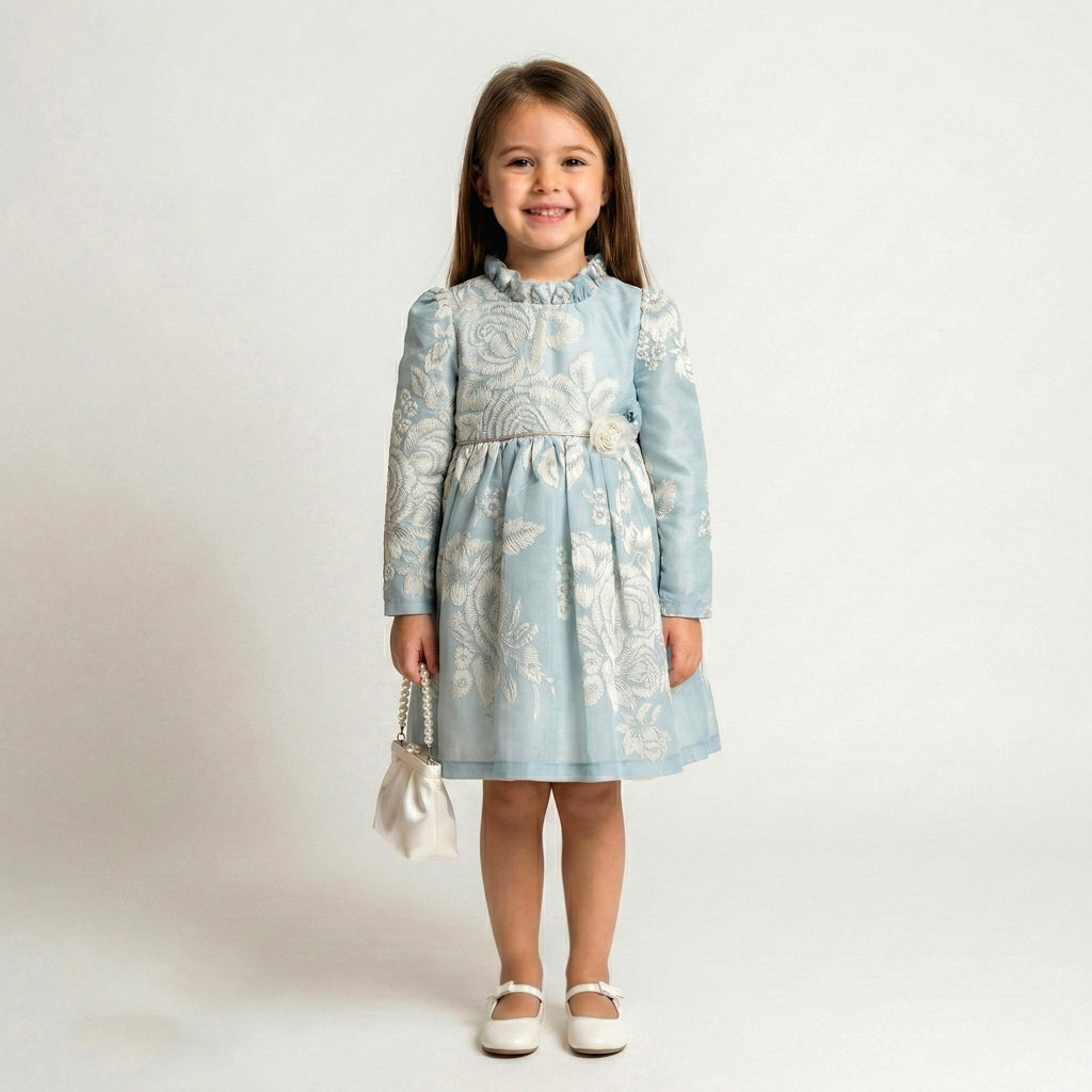Toddler Girls Floral Jacquard Long Sleeve Dress – Classic Ruffle Neck