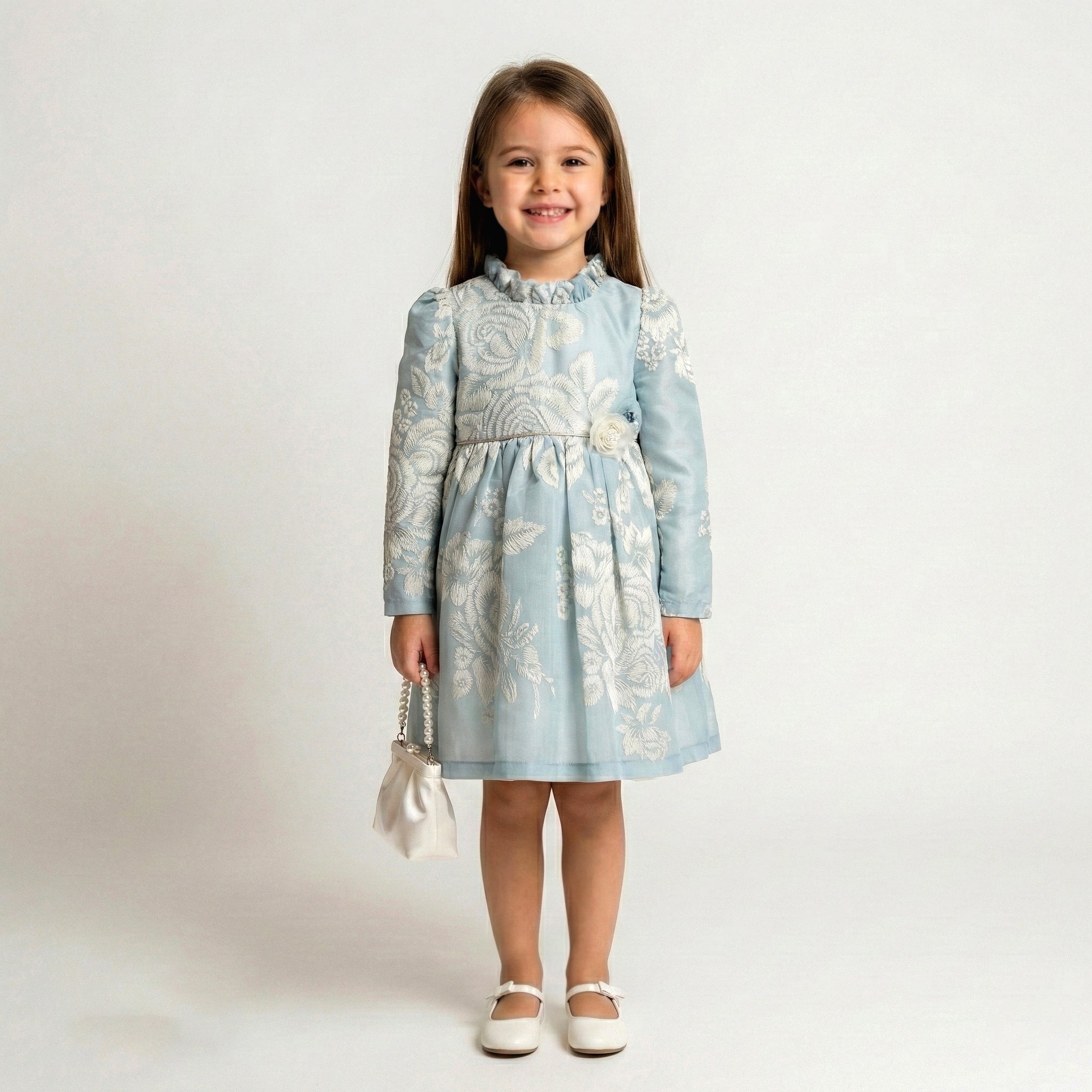 Toddler Girls Floral Jacquard Long Sleeve Dress – Classic Ruffle Neck