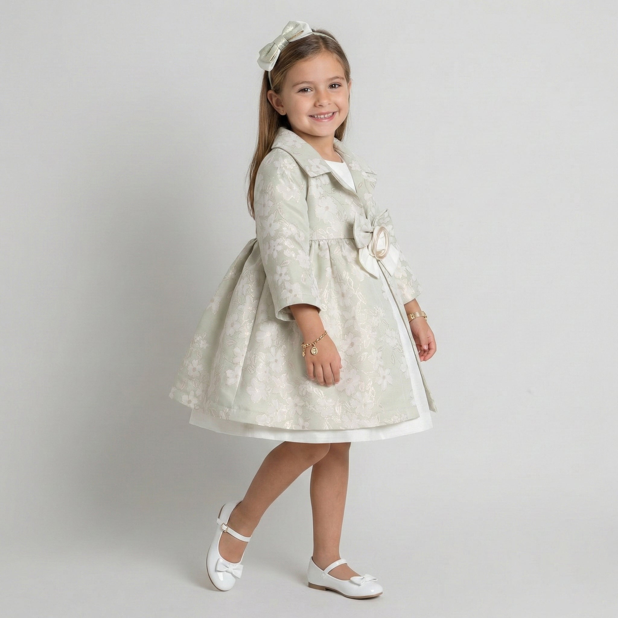 Girls' Annabelle Floral Jacquard Coat & Satin Shift Dress Set