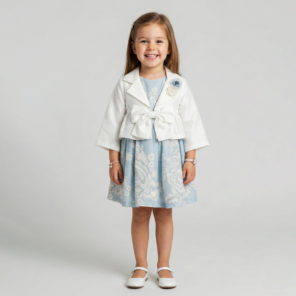 Girls' Genevieve Cropped Satin Blazer & Botanical Dress Ensemble