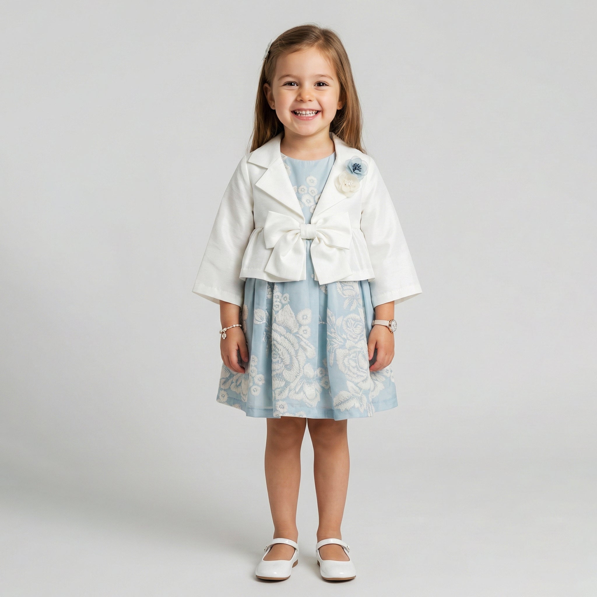 Girls' Genevieve Cropped Satin Blazer & Botanical Dress Ensemble