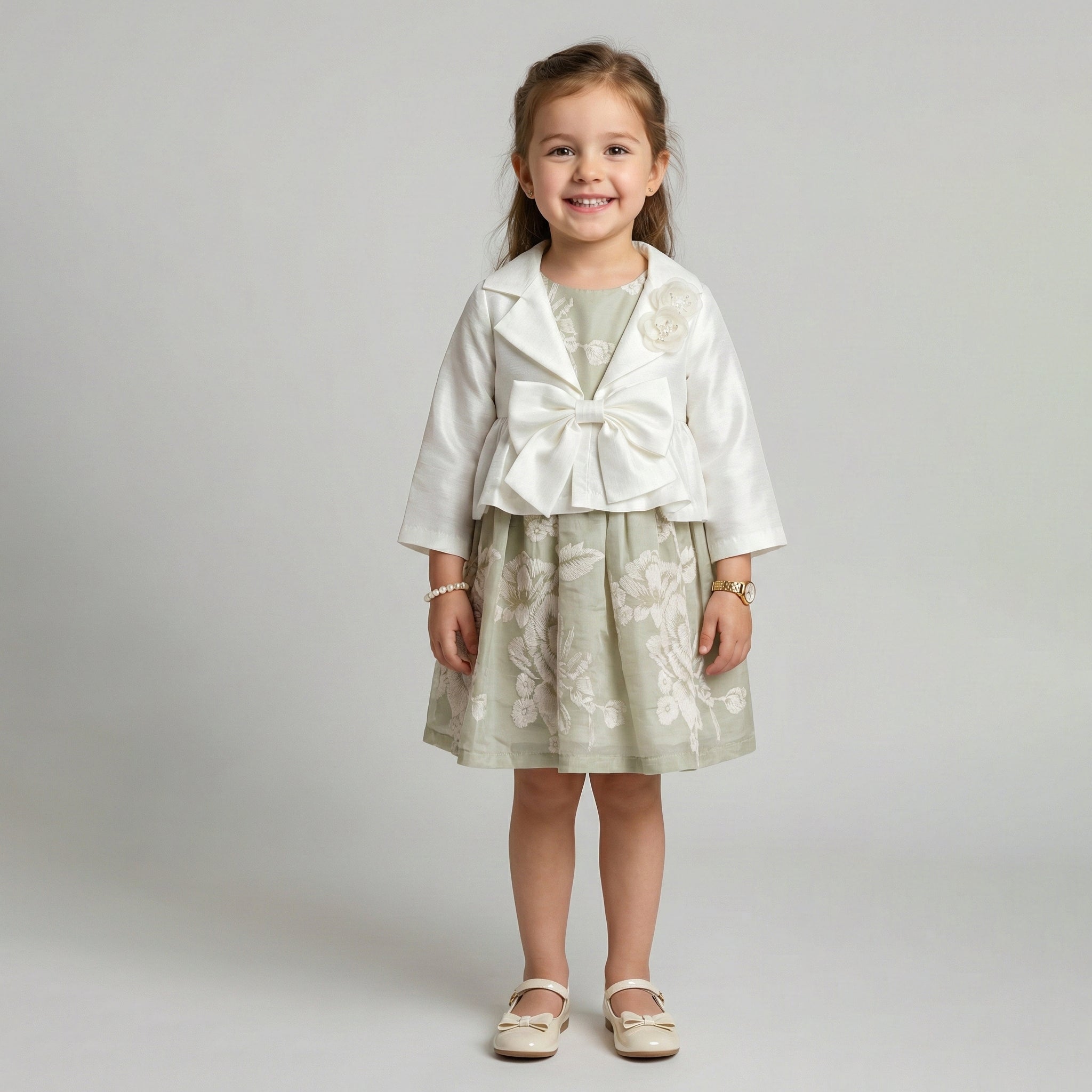 Girls' Genevieve Cropped Satin Blazer & Botanical Dress Ensemble