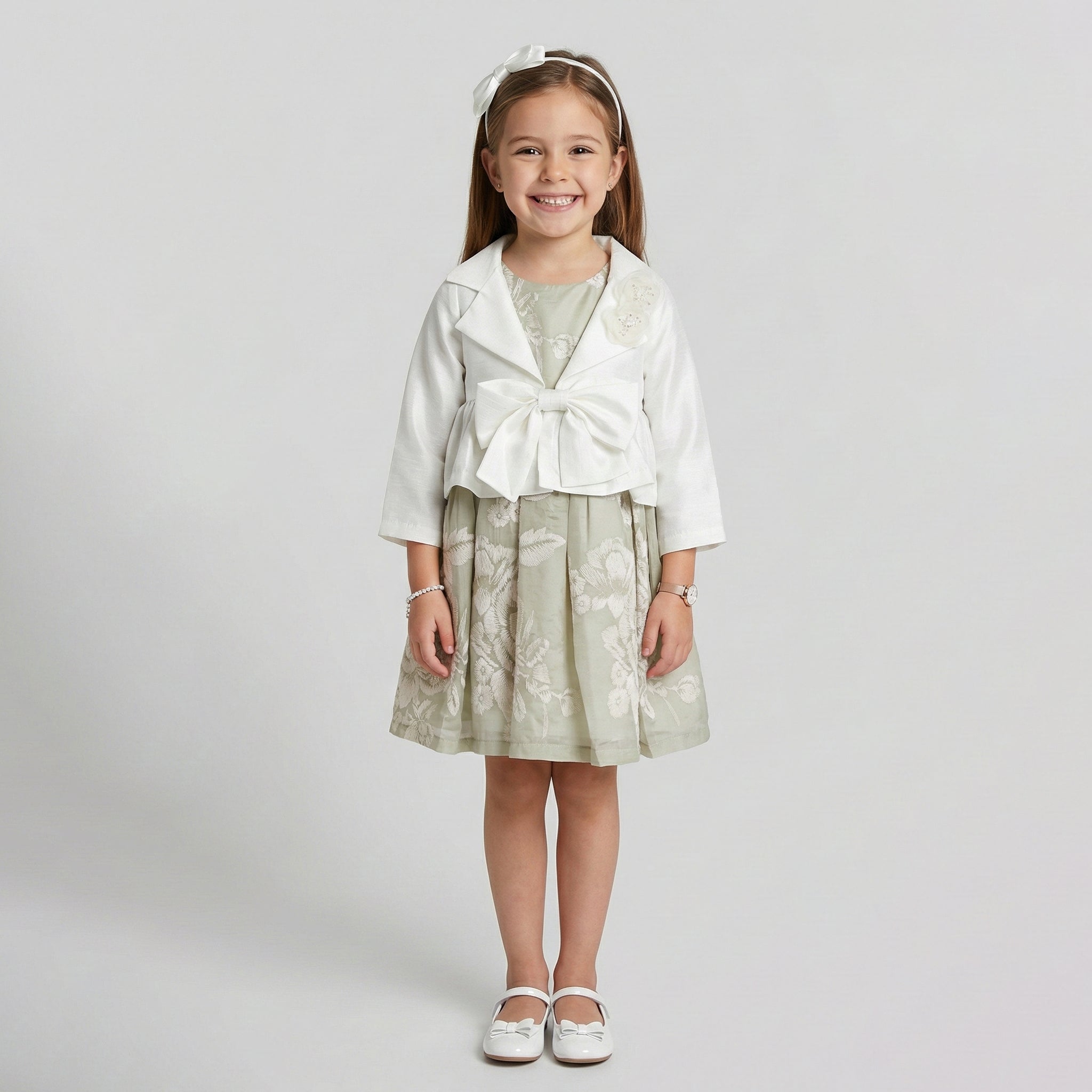 Girls' Elena Satin Peplum Jacket & Botanical Border Dress Set