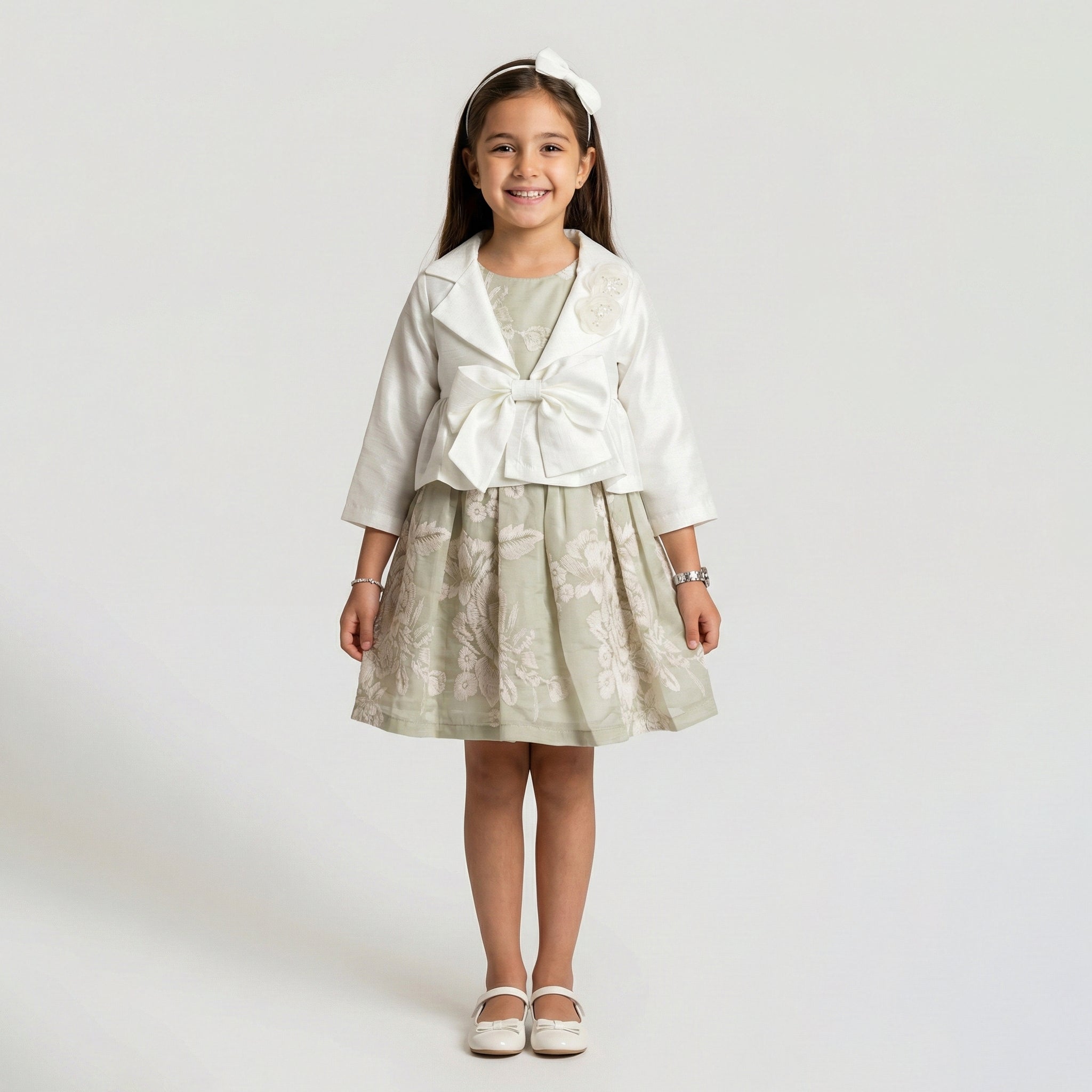 Girls' Genevieve Cropped Satin Blazer & Botanical Dress Set