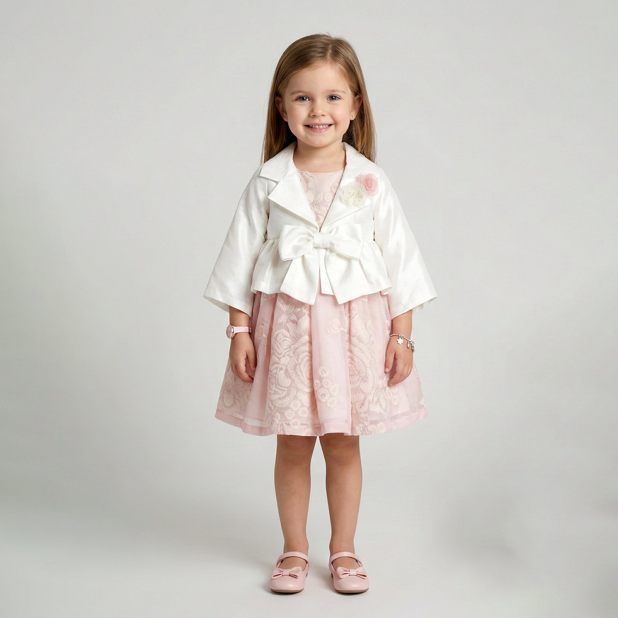 Girls' Genevieve Cropped Satin Blazer & Botanical Dress Ensemble