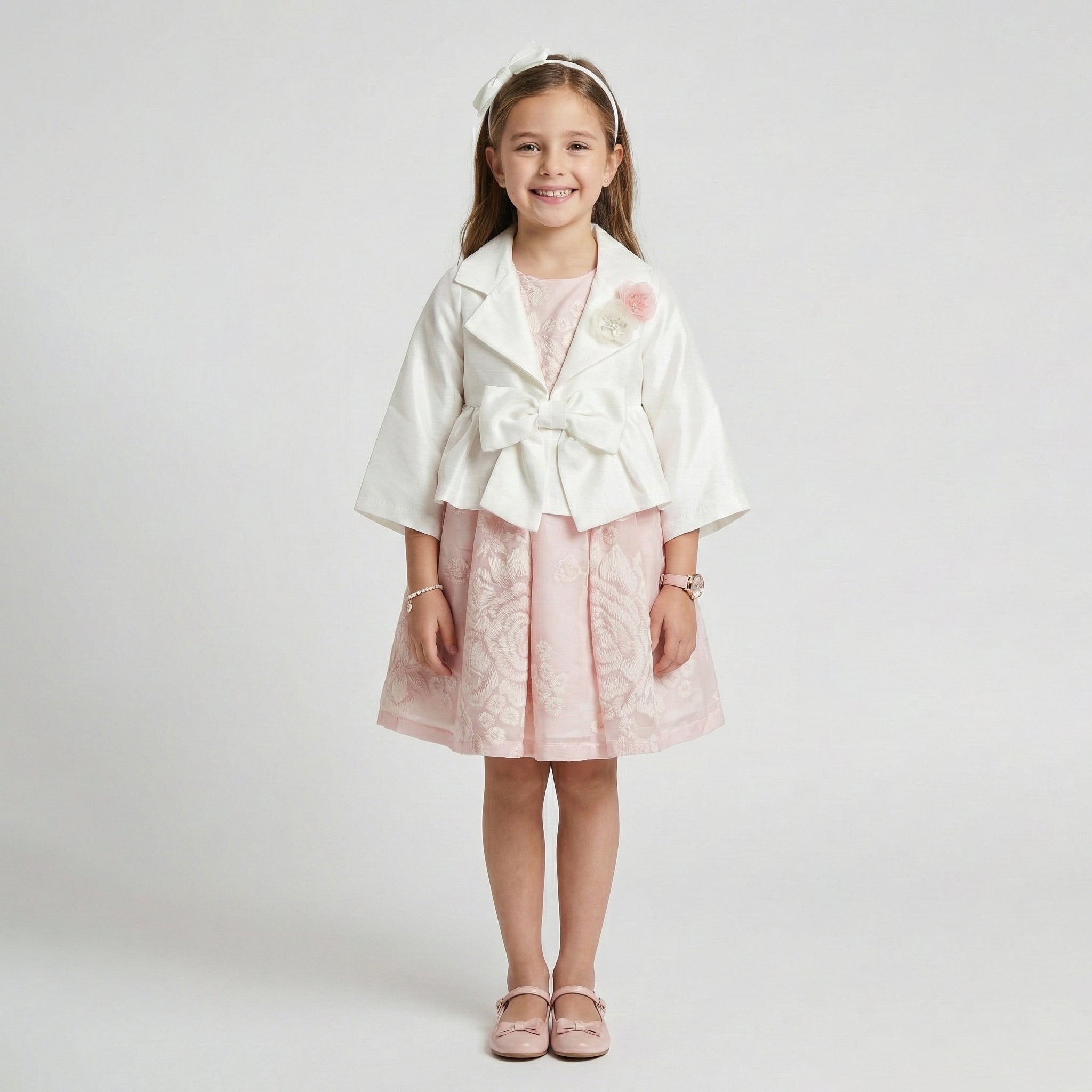 Girls' Genevieve Cropped Satin Blazer & Botanical Dress Ensemble