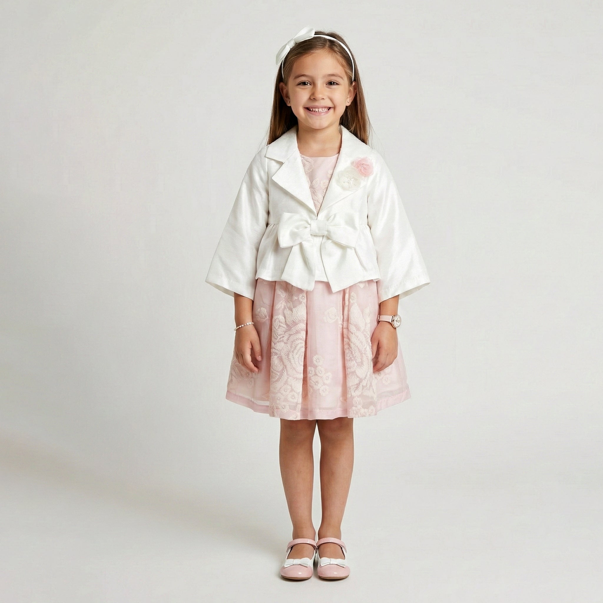 Girls' Genevieve Cropped Satin Blazer & Botanical Dress Ensemble