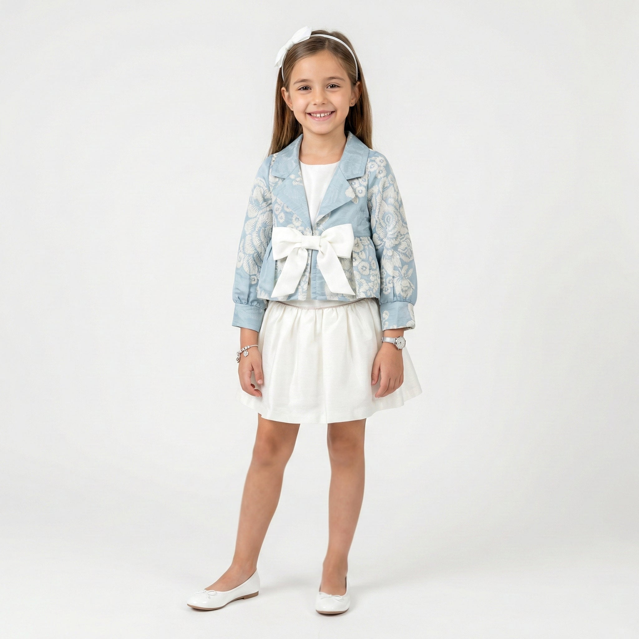 Girls' Metallic Dot-Pattern Formal Coat with Floral Pin