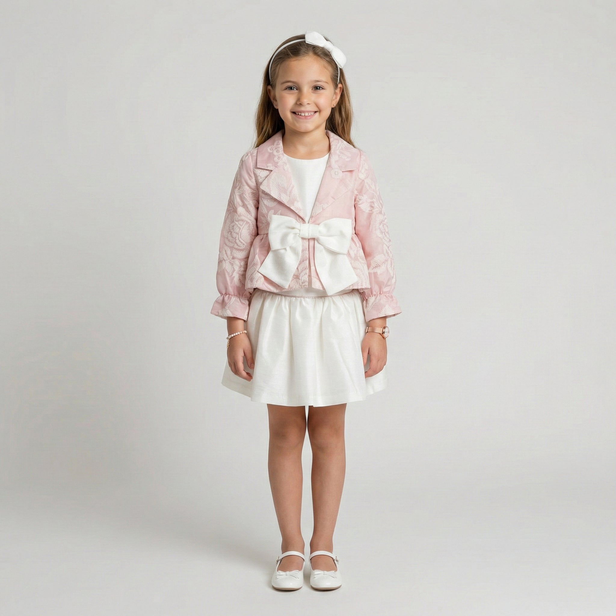 Girls' Metallic Dot-Pattern Formal Coat with Floral Pin