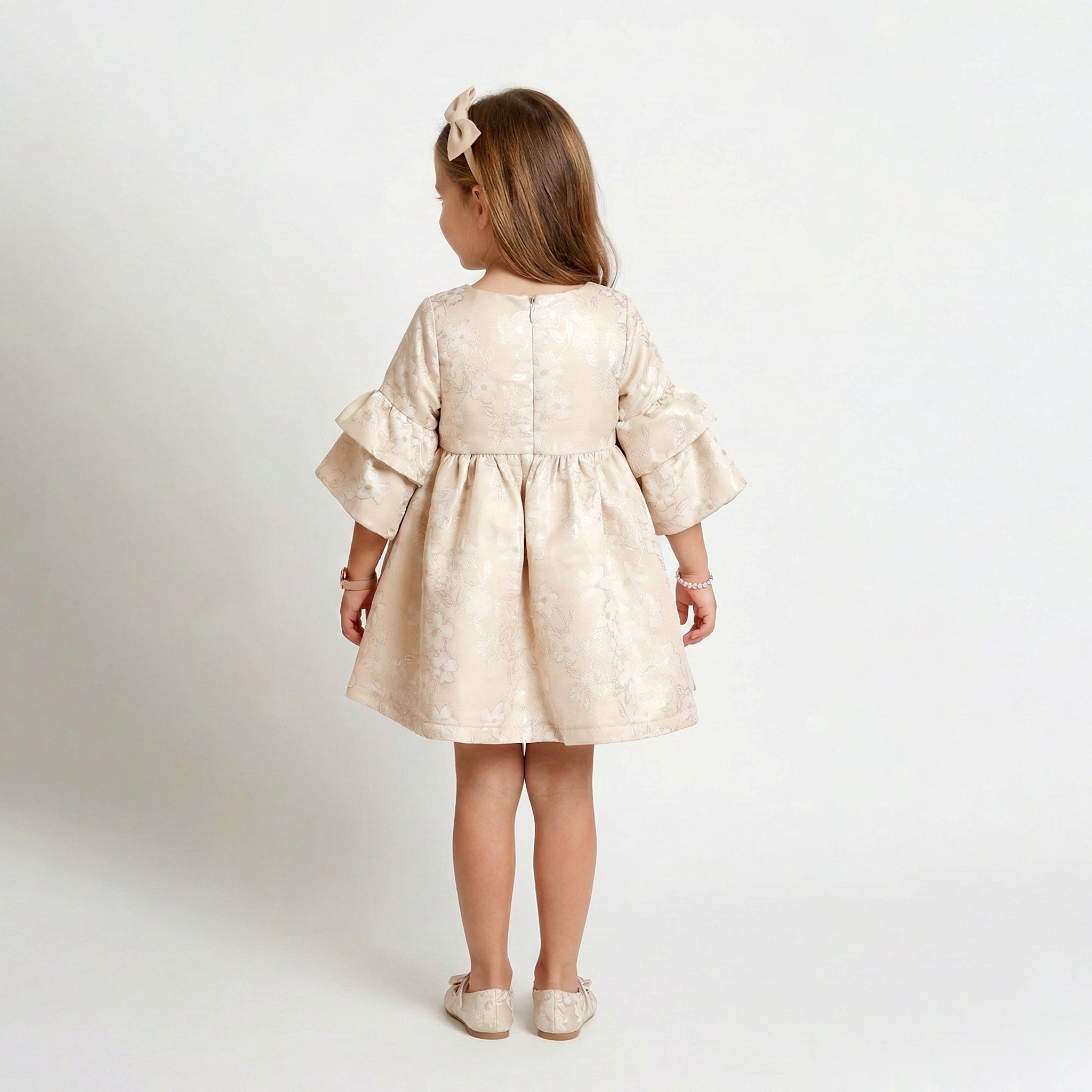 Girls' Lydia Champagne Floral Jacquard Dress with Tiered Ruffle Sleeves