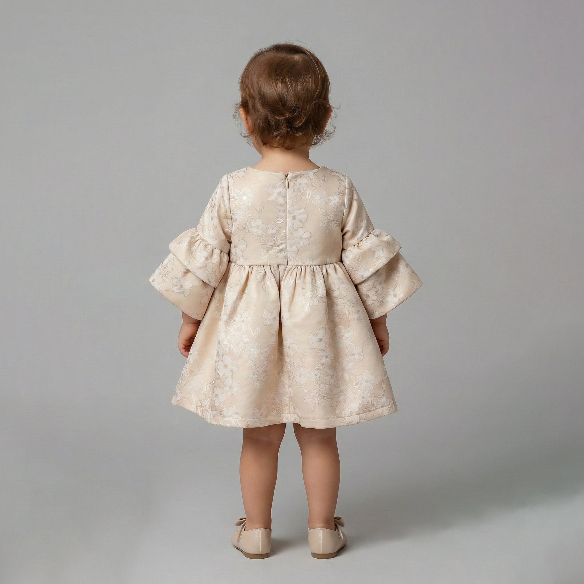 Girls' Lydia Champagne Floral Jacquard Dress with Tiered Ruffle Sleeves