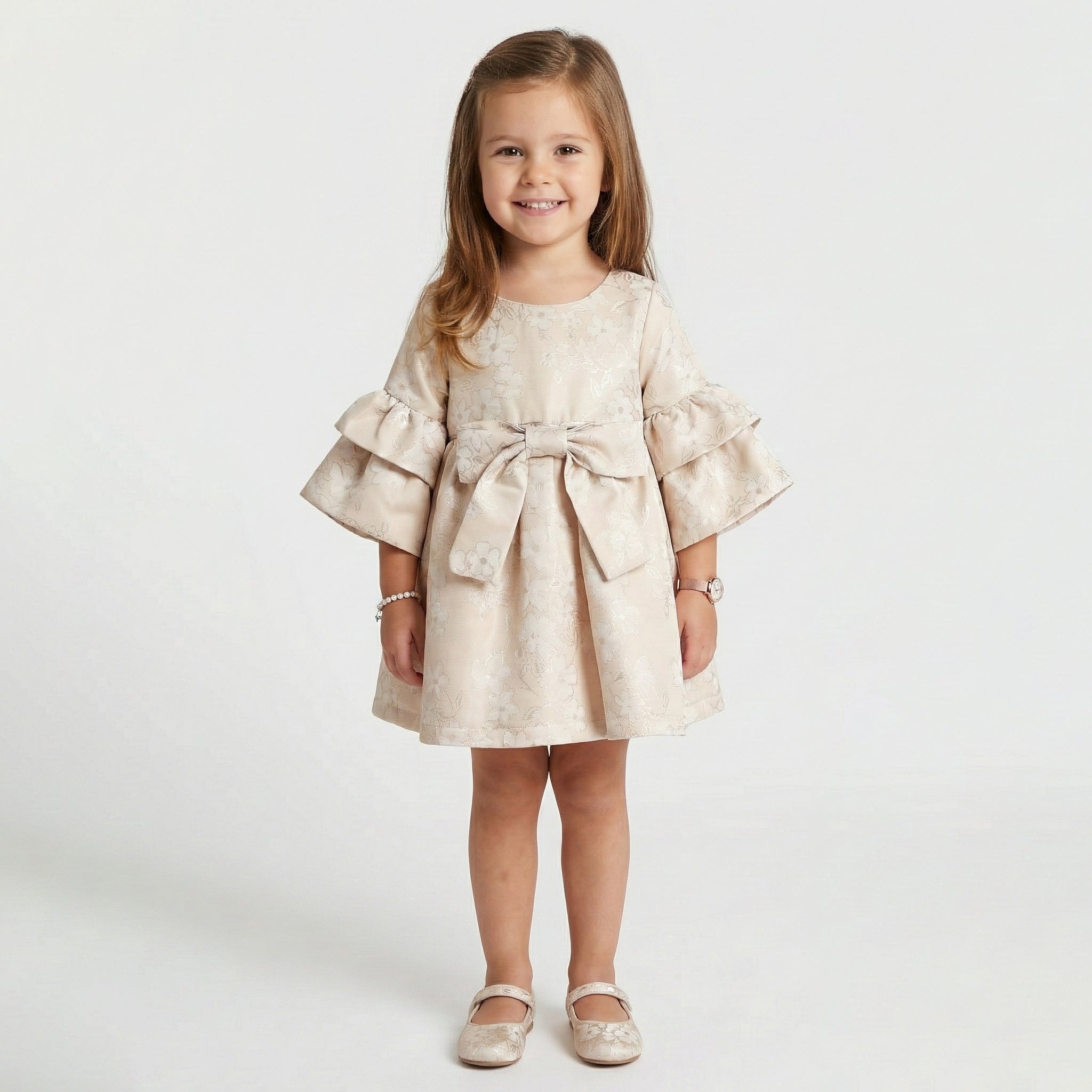 Girls' Lydia Champagne Floral Jacquard Dress with Tiered Ruffle Sleeves