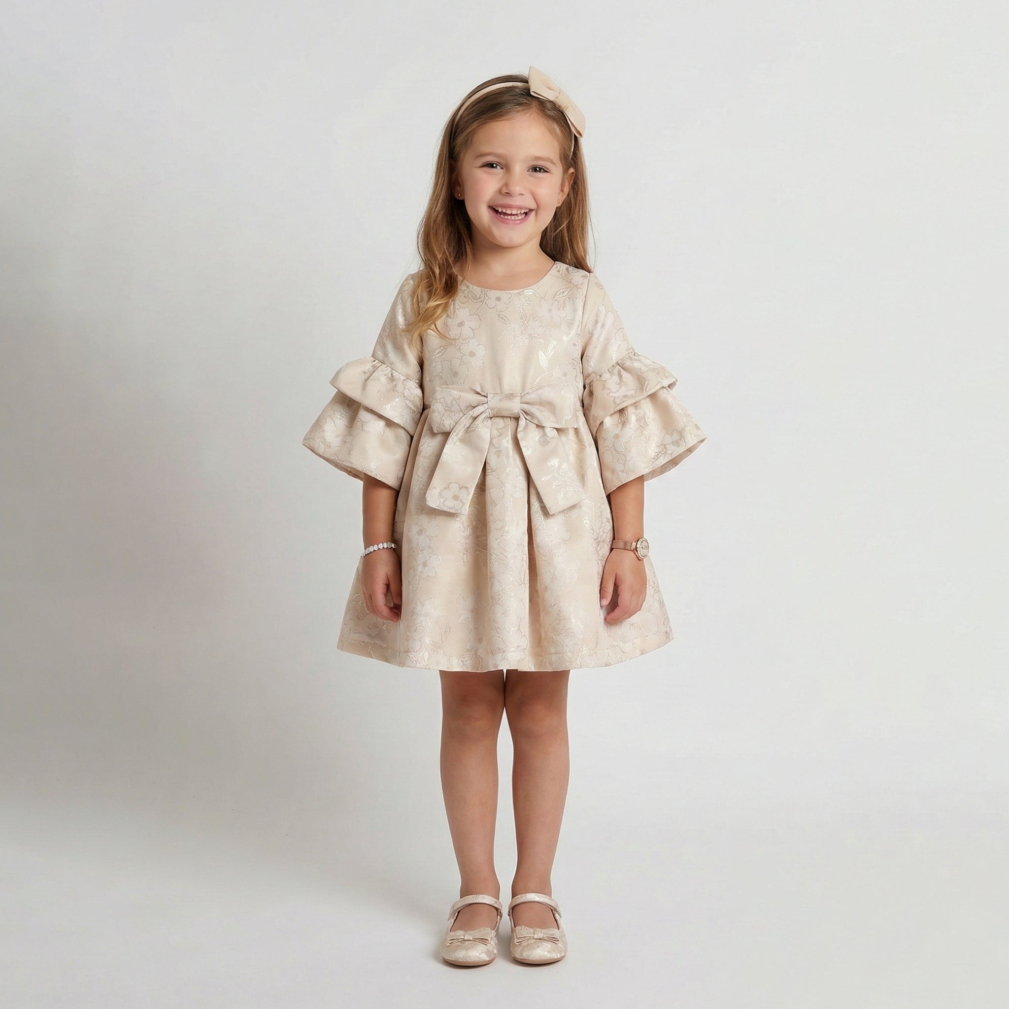 Girls' Lydia Champagne Floral Jacquard Dress with Tiered Ruffle Sleeves